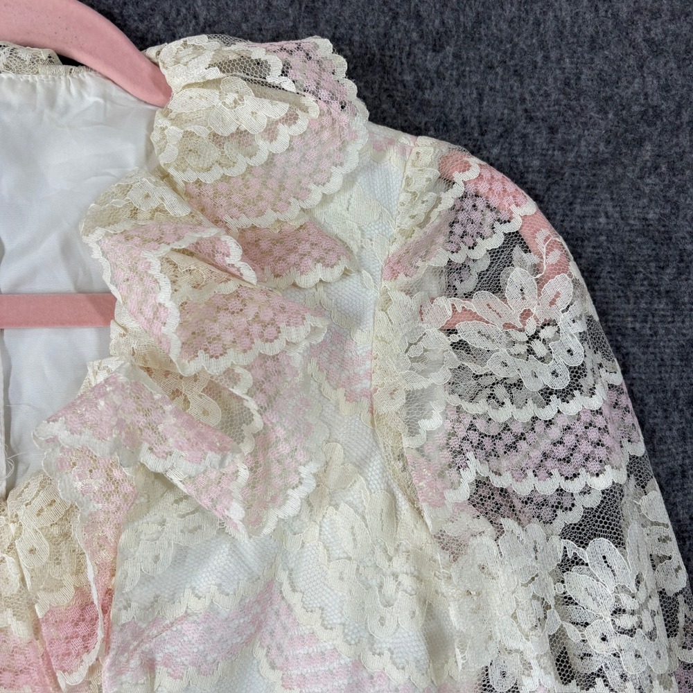 Vintage 70s Ivory Pink Tiered Lace Maxi Dress Ruffle Long Sleeve Prairie Gown - Picture 2 of 6